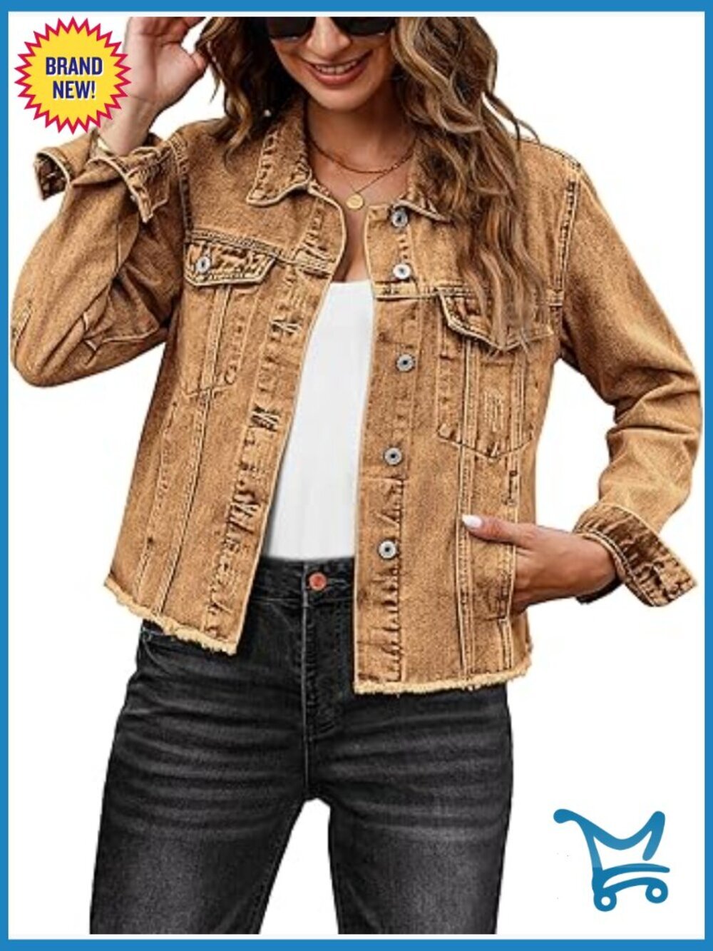 Distressed Button Up Denim Jacket with Frayed Hem Pockets